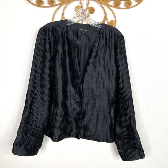 Eileen Fisher Black Collarless Crinkle Leather Trim Jacket M - Picture 2 of 5